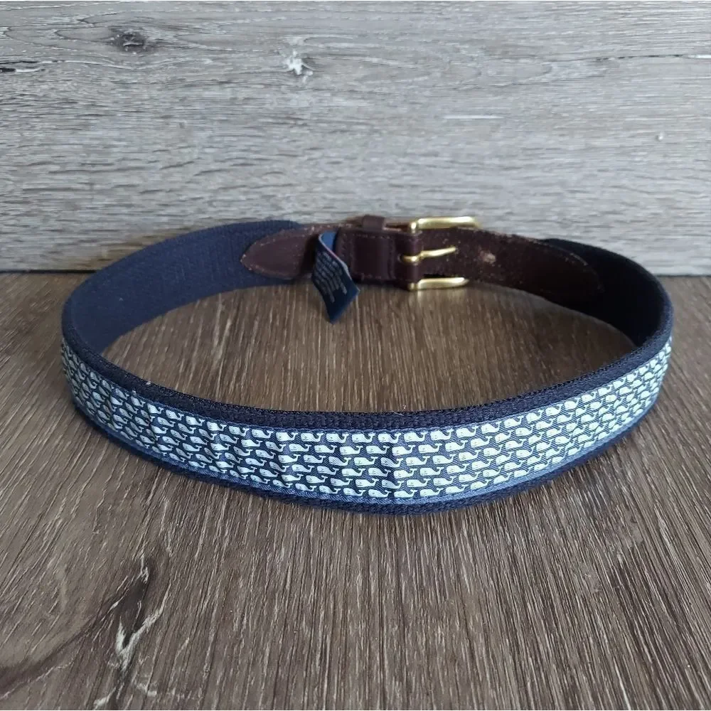 Vineyard Vines Navy Blue Belt Logo Whales Brass Buckle Size 26